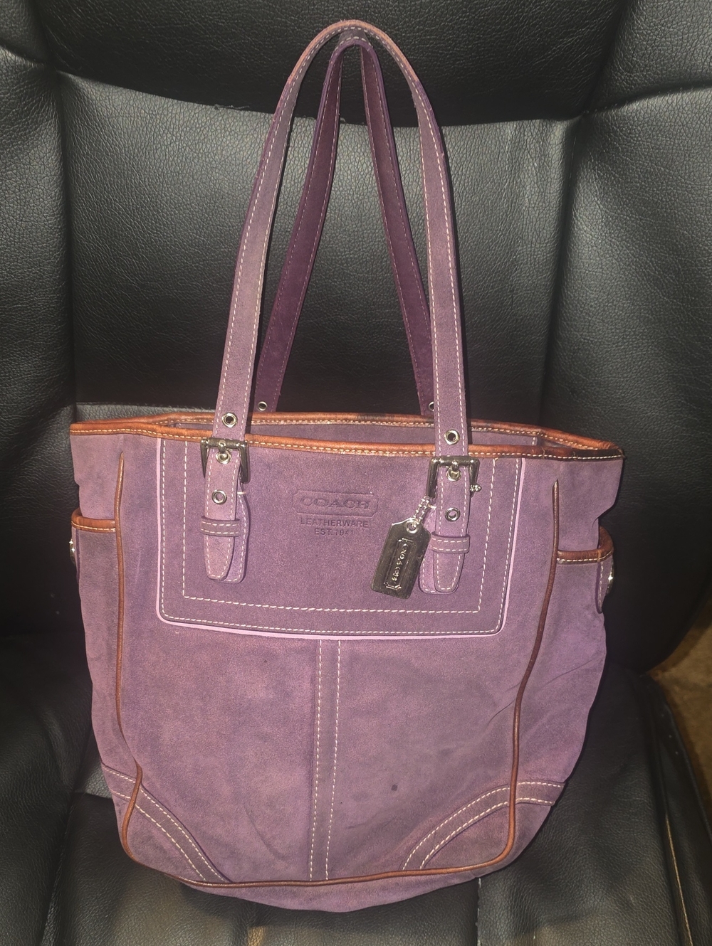 Coach Purple Suede Tote with Brown Trim